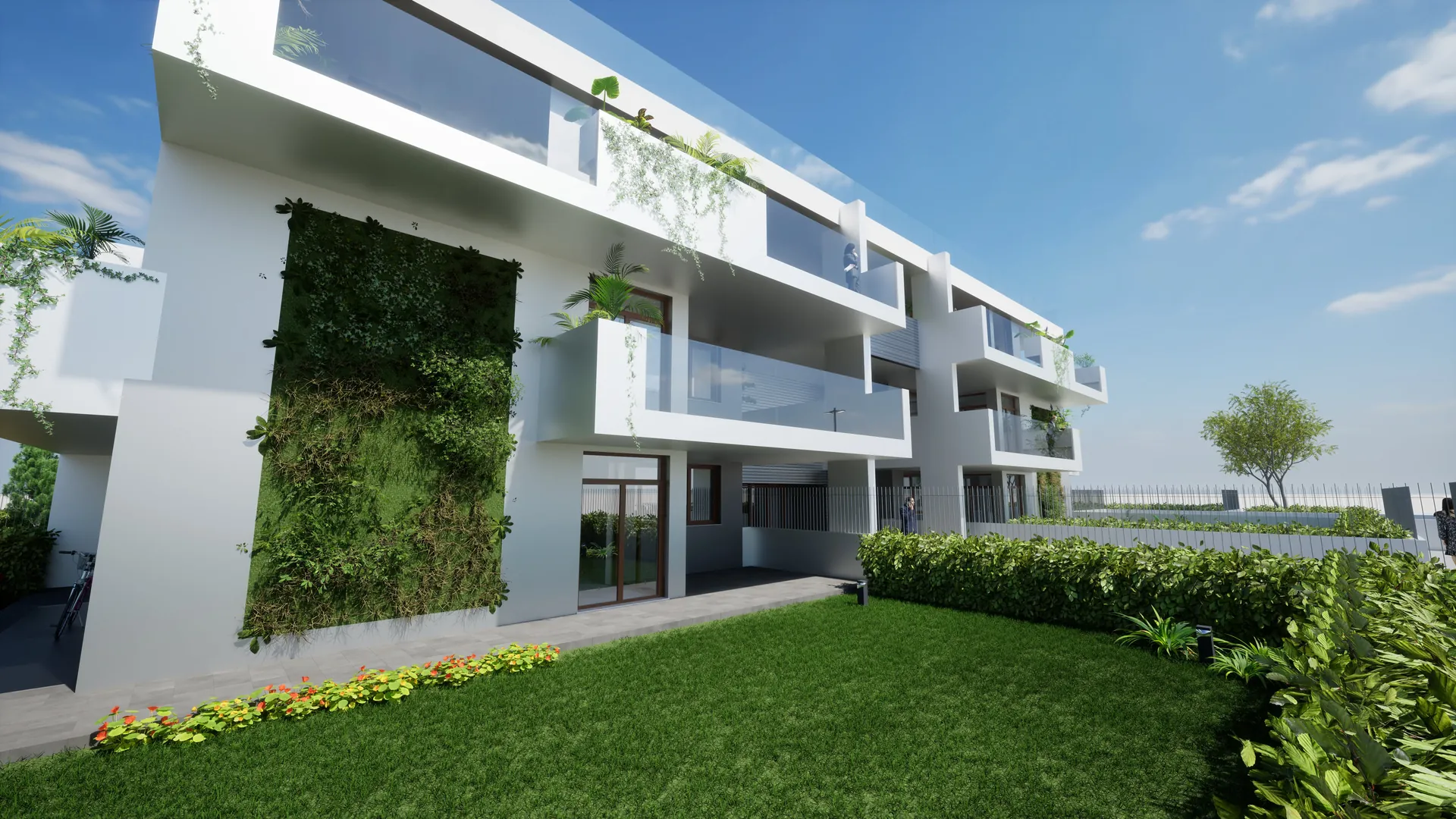 Render 3D facciata di condominio con parete verde e balconi in vetro