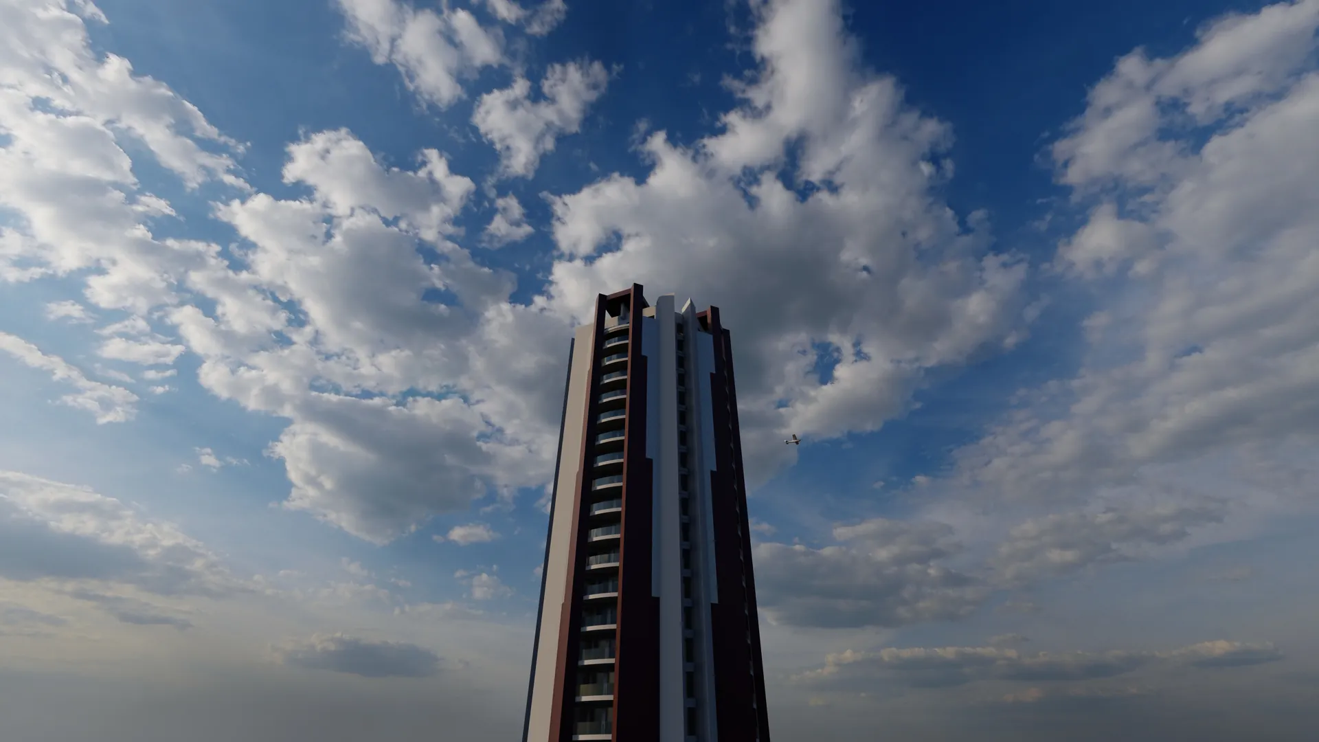 Render 3D grattacielo residenziale con cielo nuvoloso