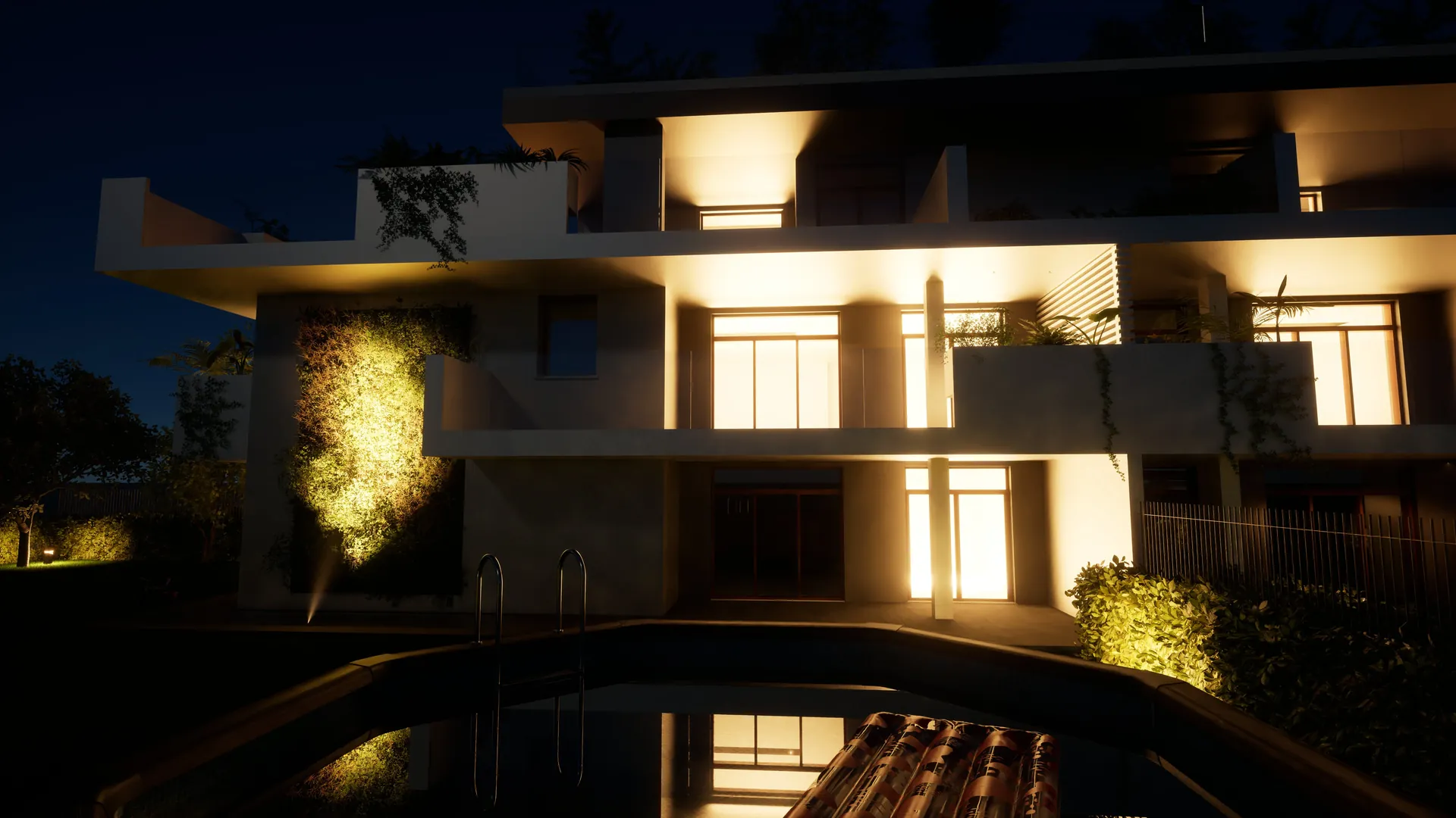Render 3D notturno di facciata residenziale con piscina