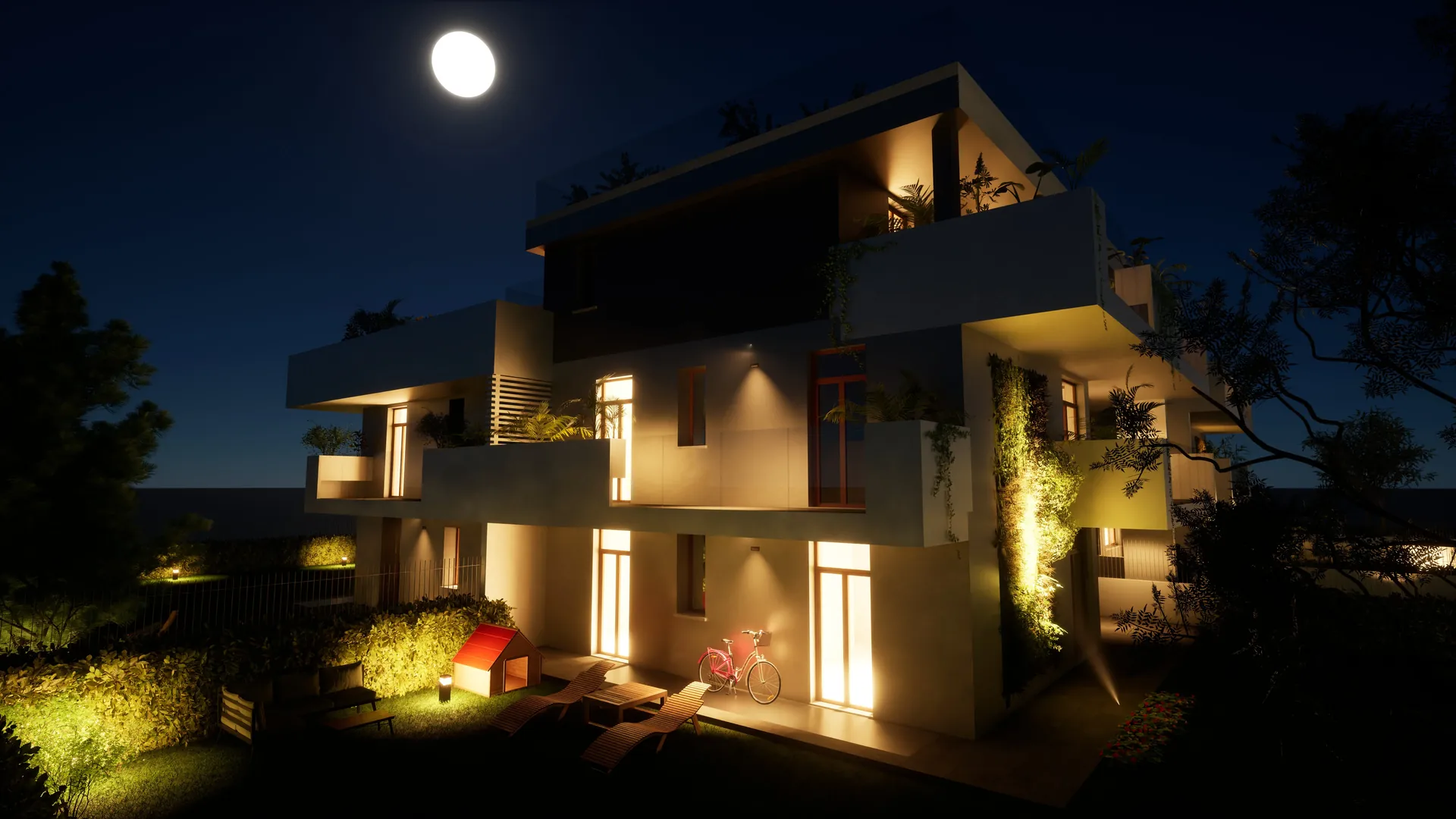 Render 3D notturno di palazzina moderna con luna e giardino