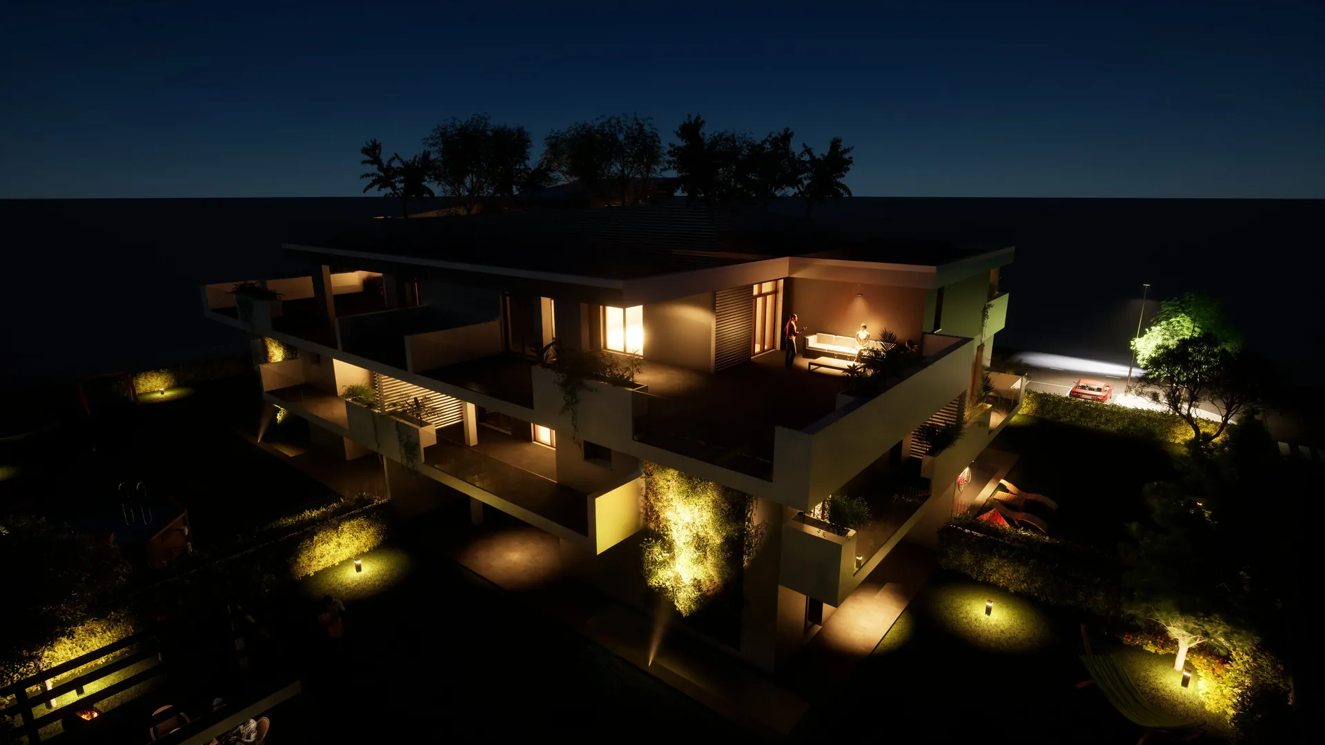 Render 3D notturno con vista aerea di attico e terrazza