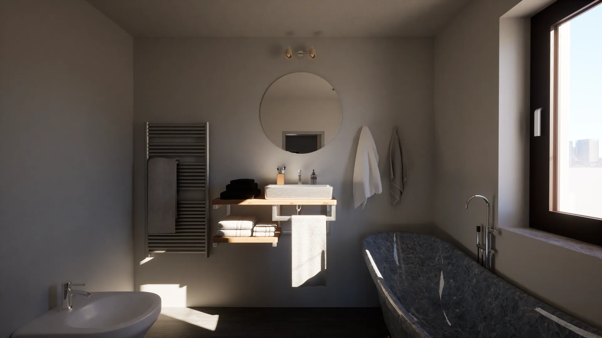 Render 3D bagno con vasca in marmo e finestra