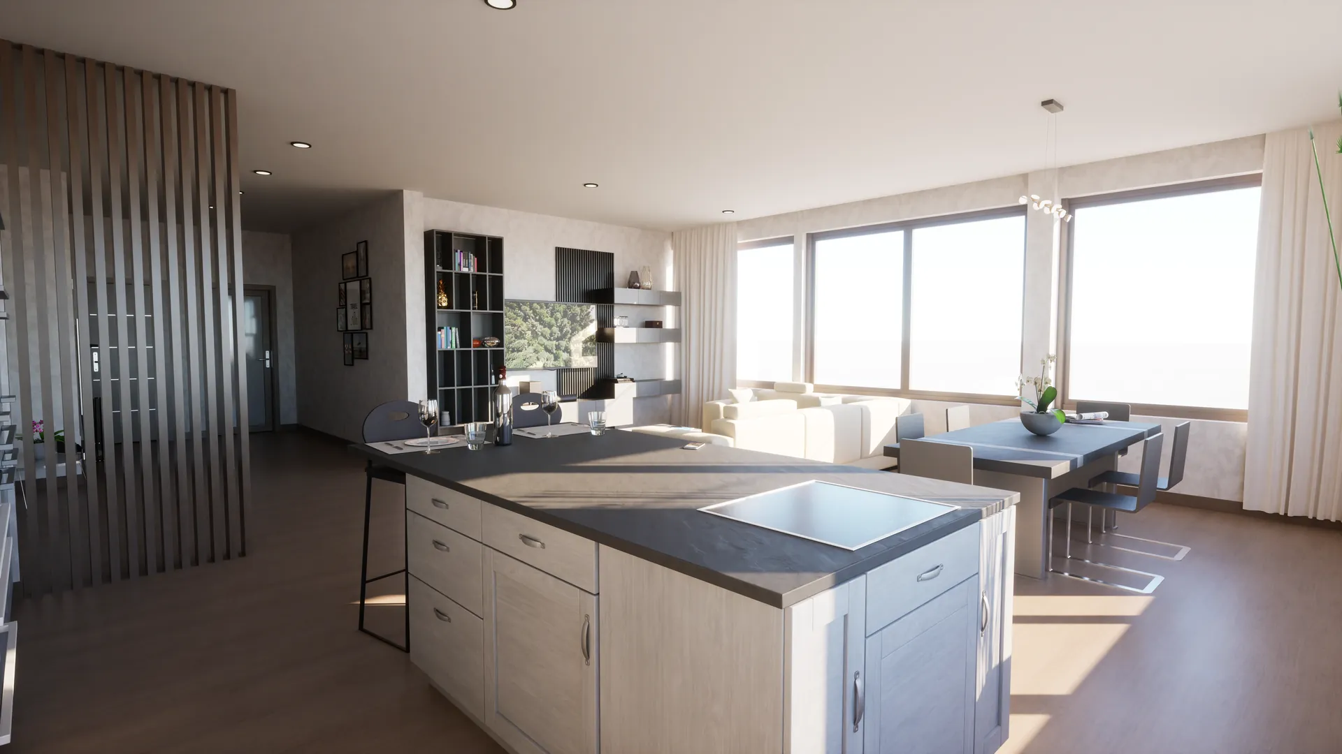 Render 3D cucina con isola e vista panoramica